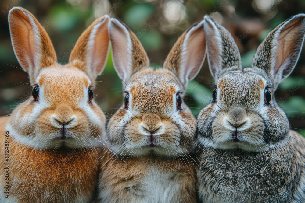 Macro shot of the faces of four rabbits, all different breeds, peering into the camera with joyful expressions, Macro shot of the faces of four rabbits, all different breeds, peering into the camera with joyful expressions,