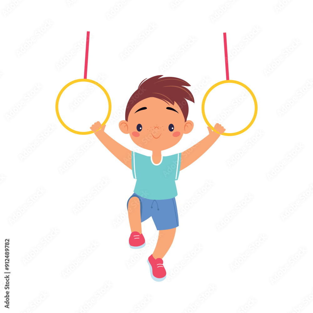 Boy Kid Hanging on Rings at Sport Lesson Vector Illustration