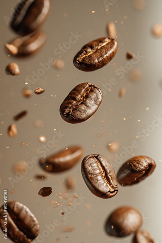 Close-Up of Flying Coffee Beans in Mid-Air with Brown Background