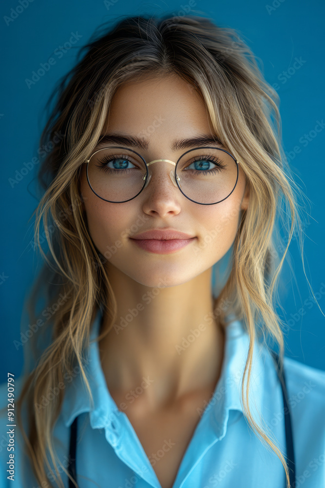A cheerful office worker with a clipboard and pen against a deep blue background, highlighting their attention to detail, A cheerful office worker with a clipboard and pen against a deep blue background, highlighting their attention to detail,