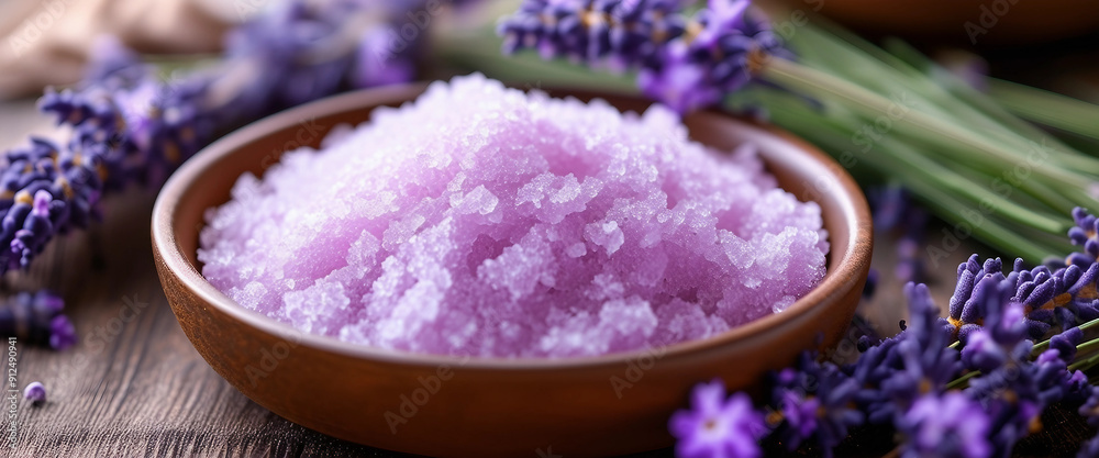 Close up view of a bowl containing a sugar scrub with lavender flowers on a table providing copy spa Close up view of a bowl containing a sugar scrub with lavender flowers on a table providing copy spa