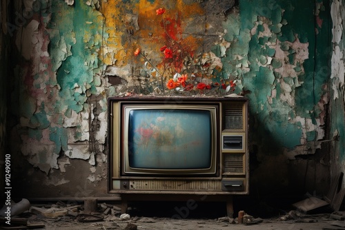 old retro TV on the background of a shabby weathered wall in abandoned room photo