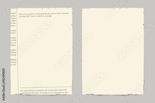 Vertical pieces of torn newspaper with shadow on transparent background. Easy editable.