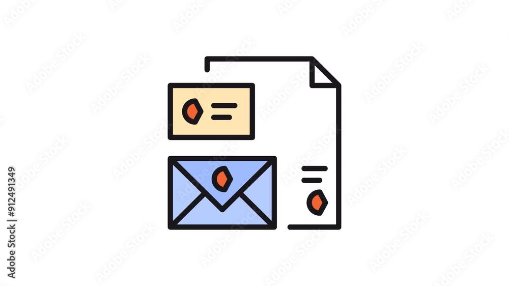 motion icon Business card, envelope, and document with a red logo. 
