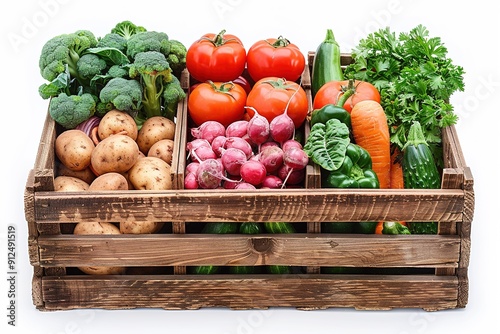 wooden box with different ripe organic vegetables isolated on a white background photo