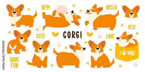 Funny corgi puppy cartoon character with friendly smile and positive emotion cute sticker set