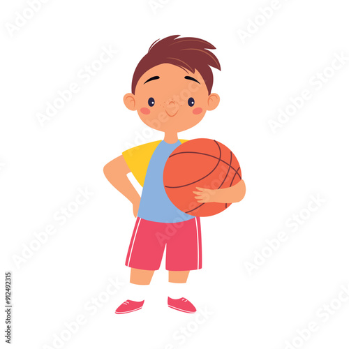 Boy Kid Play Basketball at Sport Lesson Vector Illustration