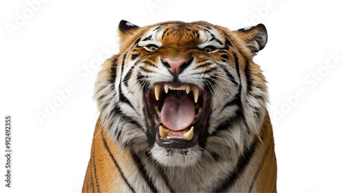 A tiger roars and growls showing its fangs isolated on white transparent background png 
