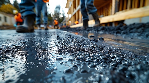 Wallpaper Mural A photograph of construction workers smoothing out freshly poured concrete on a building site, taken from a low angle, showcasing the precision and teamwork involved. Torontodigital.ca