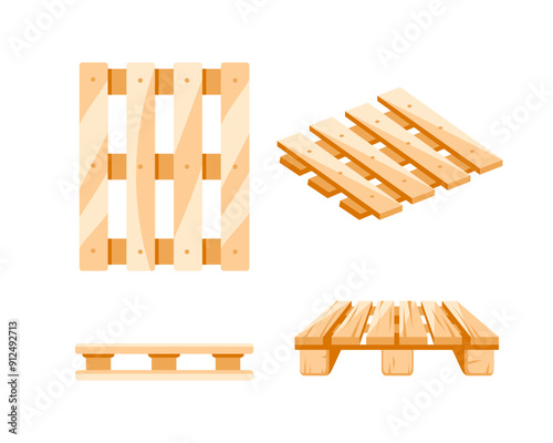 Wooden pallet cartoon set. Warehouse pallet for cargo loading and transportation.