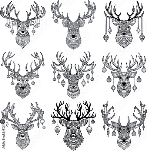 Black and White Mandala Deer with Christmas Ornaments for Coloring