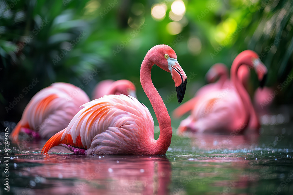 Fototapeta premium A flock of flamingos wading through a shallow lagoon, their pink feathers glowing,