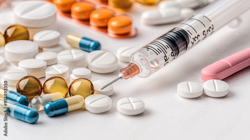 Various Medications Including Pills and Syringe on White Surface Various Medications Including Pills and Syringe on White Surface