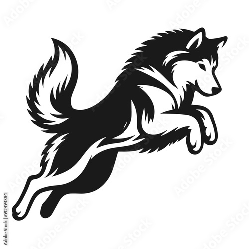 Clean black and white vector silhouette of a husky isolated on white background