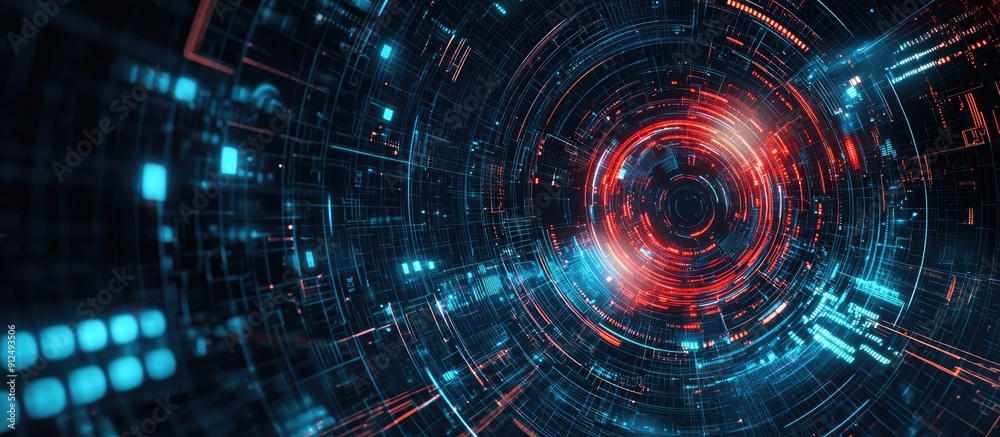 Fototapeta premium Futuristic digital cyberspace with data network connections and HUD user interface elements in an illustrated background