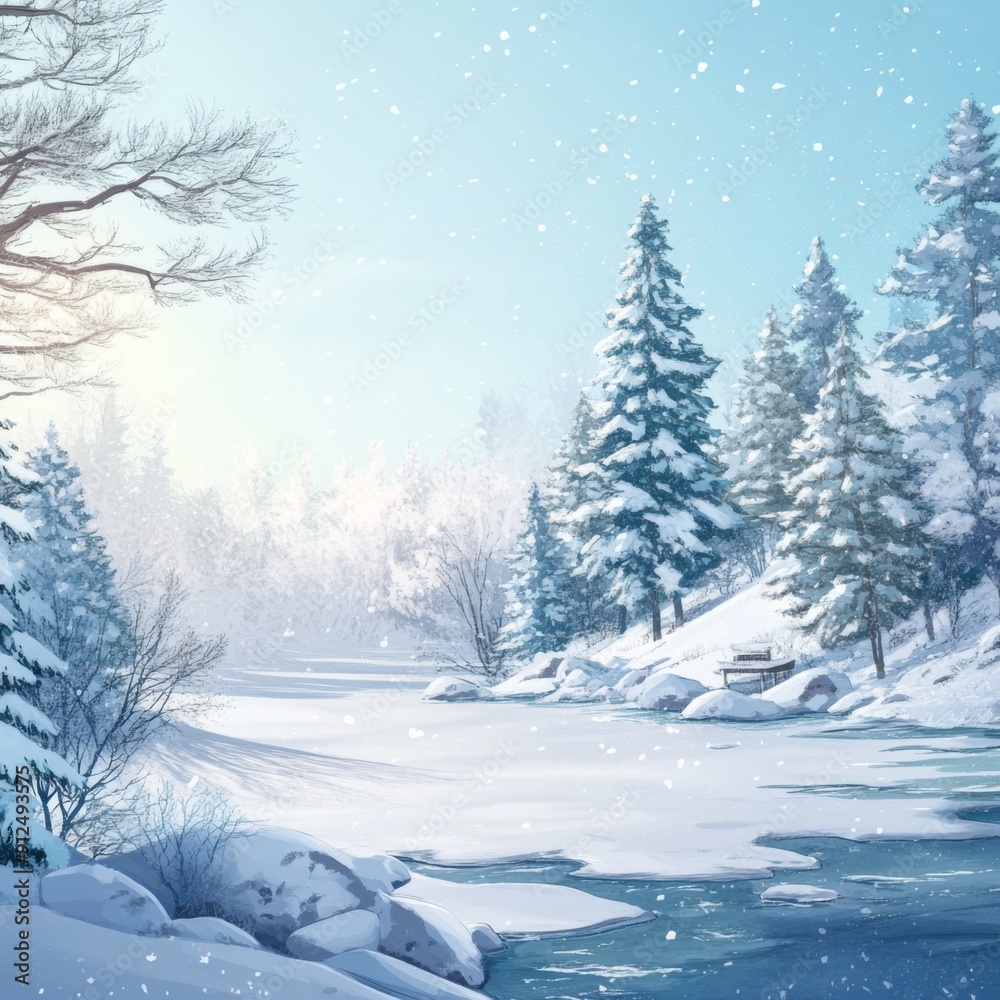 Fototapeta premium Winter's Enchantment: A High-Detail Hand-Drawn Illustration Celebrating Seasonal Charm with Anime Style and Abstract Art for Immersive Storytelling and Gaming Wallpapers in 4K Clarity