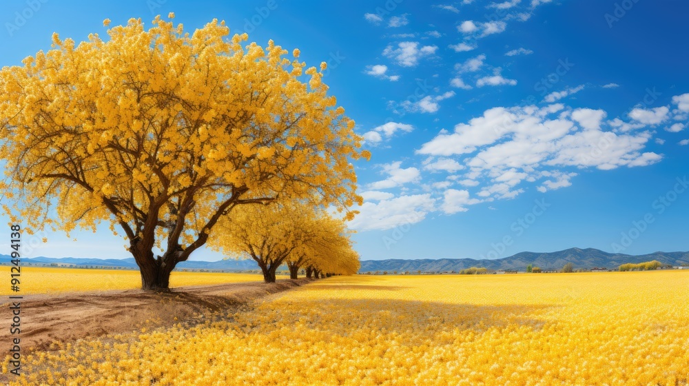 Fototapeta premium Almond trees in full bloom amidst a golden rapeseed field during the spring season 