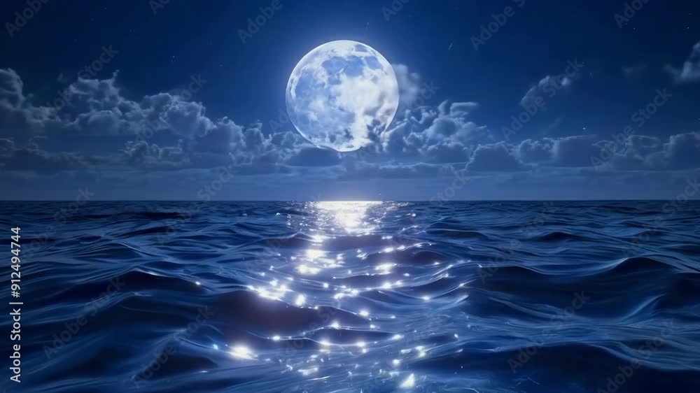 Full moon illuminates calm sea casting silvery glow on water Full moon illuminates calm sea casting silvery glow on water