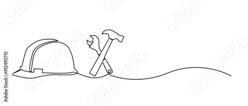 line art illustration continuing vector of hammer, wrench and safety helmet. Labor Day. white Background isolated.
