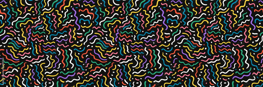 custom made wallpaper toronto digitalKids doodle line seamless pattern in simple fun style black background. Creative childish fun doodle scribble patern. Wavy lines minimalistic children celebration banner. Cute abstract party confetti