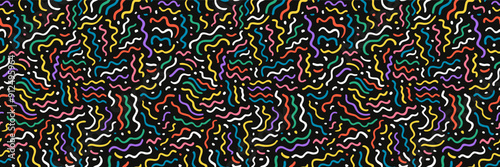 Wallpaper Mural Kids doodle line seamless pattern in simple fun style black background. Creative childish fun doodle scribble patern. Wavy lines minimalistic children celebration banner. Cute abstract party confetti Torontodigital.ca
