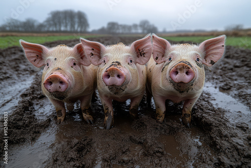 Four pigs--Yorkshire, Berkshire, Tamworth, and Kunekune--enjoying a muddy field under a bright sun,