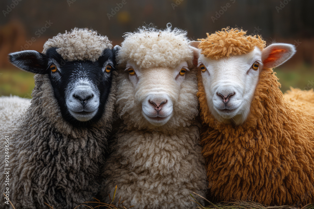 Four sheep--Merino, Dorset, Suffolk, and Jacob--resting together in a peaceful countryside setting, Four sheep--Merino, Dorset, Suffolk, and Jacob--resting together in a peaceful countryside setting,
