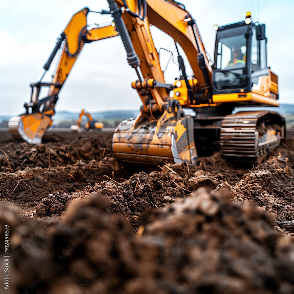 Excavator grading land for a new road, infrastructure development Precise and efficient, durable and productive, road construction Excavator grading land for a new road, infrastructure development Precise and efficient, durable and productive, road construction