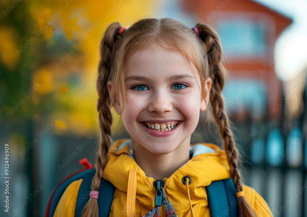 cool, cute schoolgirl with gap in her teeth, pigtails and schoolbag in front of school cool, cute schoolgirl with gap in her teeth, pigtails and schoolbag in front of school