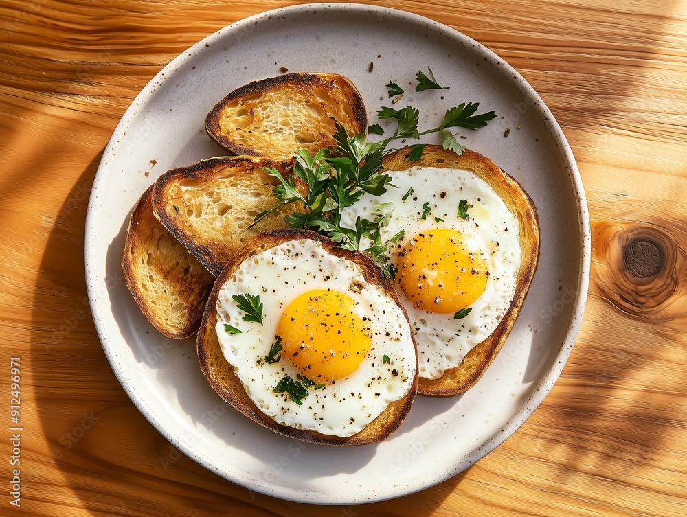 Photo of fried eggs with toasted bread slices, seasoned and garnished, on a plate on a wooden table 4 Photo of fried eggs with toasted bread slices, seasoned and garnished, on a plate on a wooden table 4