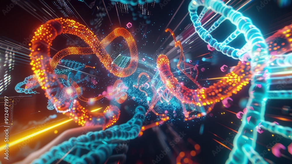 A virtual reality interface with 3D DNA models being manipulated by invisible forces, illustrating the concept of gene editing and data manipulation in a virtual space. A virtual reality interface with 3D DNA models being manipulated by invisible forces, illustrating the concept of gene editing and data manipulation in a virtual space.