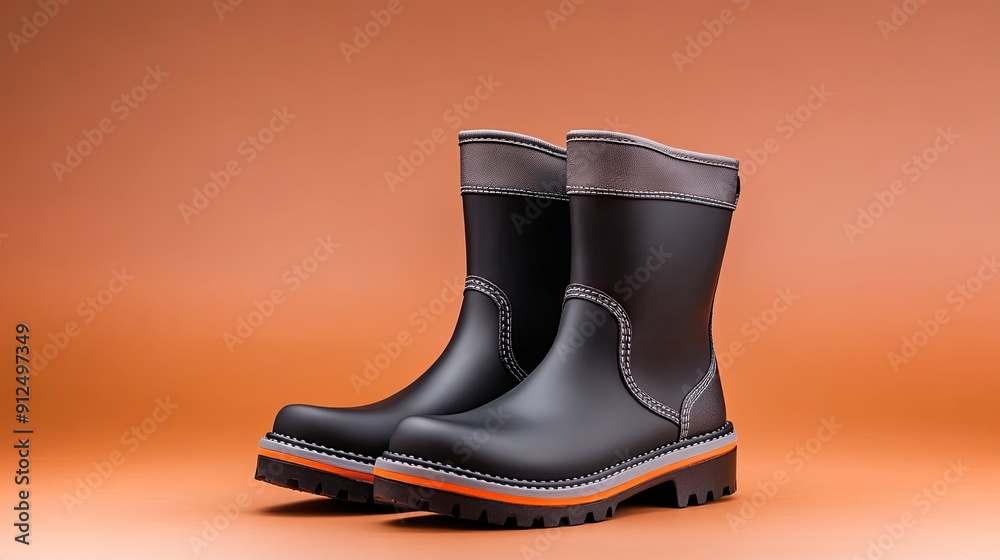 Stylish Black Rubber Boots on Display Against an Orange Background Stylish Black Rubber Boots on Display Against an Orange Background