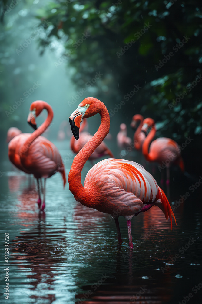 Fototapeta premium A group of flamingos wading through the shallow water, their pink feathers vibrant against the green,
