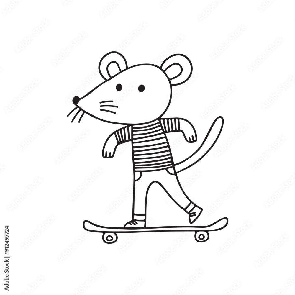 Simple drawing of mouse wear jeans sneaker and stripe shirt move with skateboard Simple drawing of mouse wear jeans sneaker and stripe shirt move with skateboard