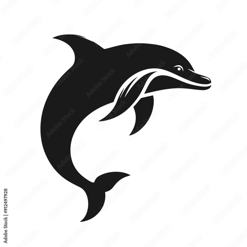 Fototapeta premium Clean black and white vector silhouette of a dolphin isolated on white background