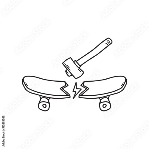 Simple drawing og skateboard broken two parts hit by stone hammer with lightning symbol