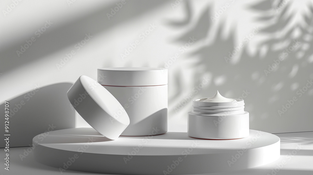 The open white cosmetic jar with cream on minimalistic pedestal, shadows of leaves in the background, beauty product concept The open white cosmetic jar with cream on minimalistic pedestal, shadows of leaves in the background, beauty product concept