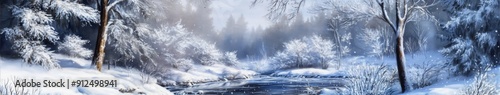 Winter's Serene Canvas: A High-Resolution Hand-Drawn Illustration Capturing the Tranquil Magic of Snowy Nature with Precise and Cozy Warmth in Anime Style. photo