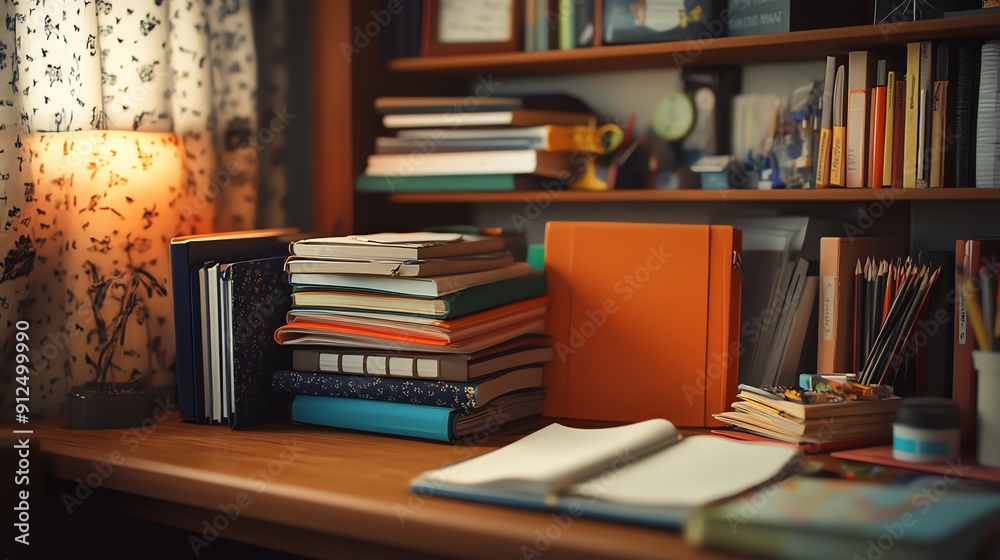 A cozy study desk with stacked books, notebooks, and stationery, illuminated by warm light, perfect for inspiration and productivity. A cozy study desk with stacked books, notebooks, and stationery, illuminated by warm light, perfect for inspiration and productivity.