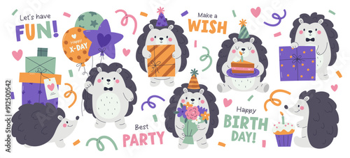 Cute hedgehogs cartoon forest animal characters celebrating or congratulating with birthday party