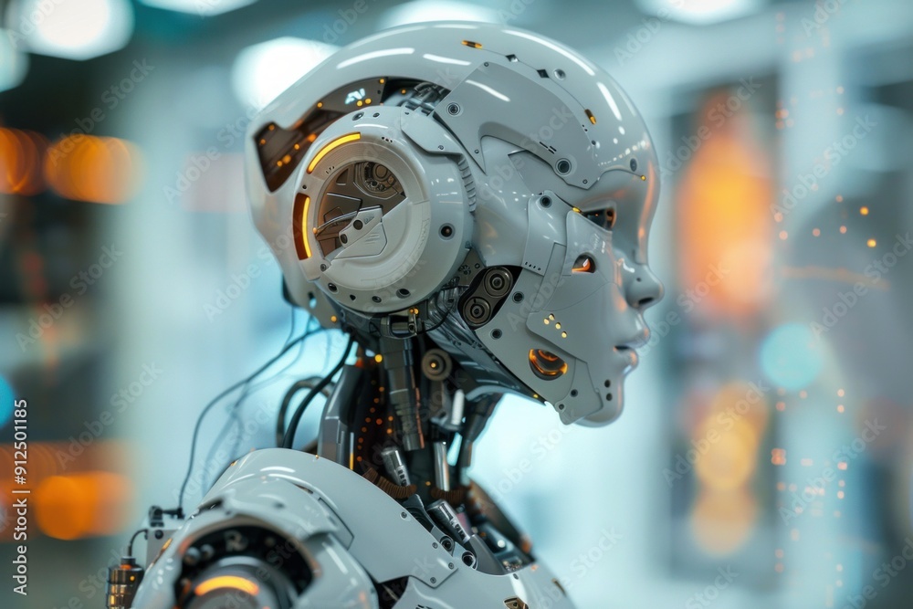 White and orange futuristic robot looking right with a blurred background White and orange futuristic robot looking right with a blurred background