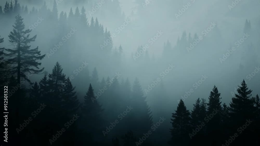 Spooky Halloween misty foggy forest. Halloween mist in a deep dark mysterious forest. Spooky eerie misty foggy woods.