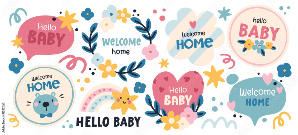 Hand drawn lettering greeting phrase hello baby set in different style design for invitation cards Hand drawn lettering greeting phrase hello baby set in different style design for invitation cards