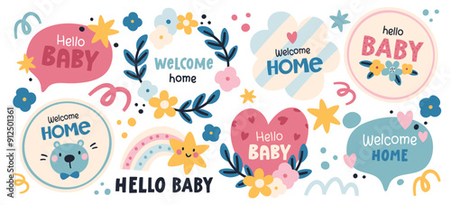 Hand drawn lettering greeting phrase hello baby set in different style design for invitation cards