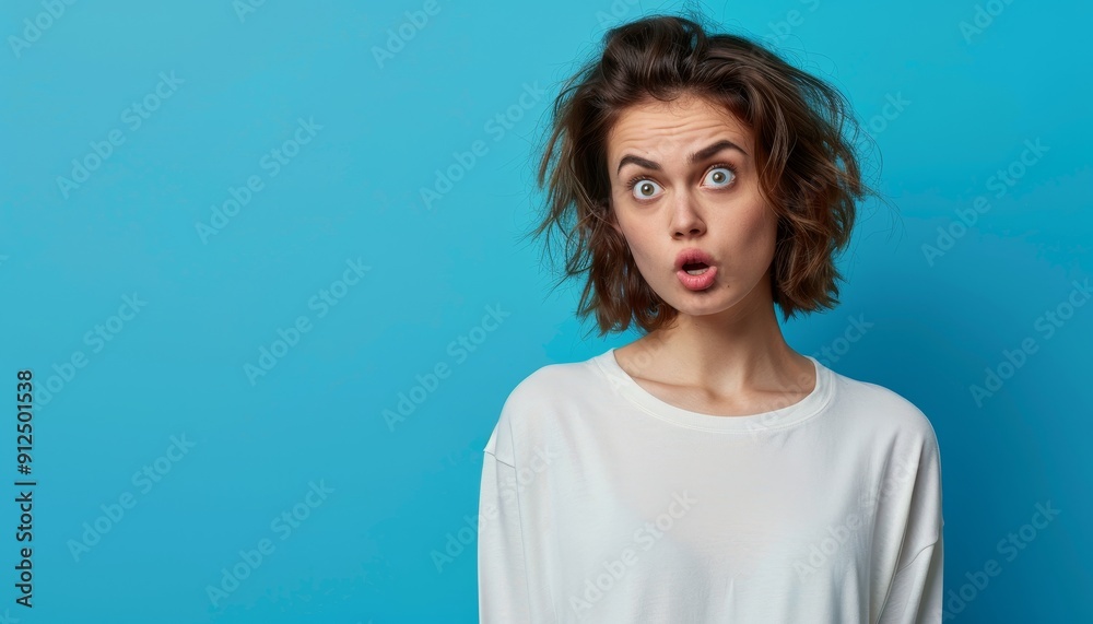 Distressed Young Woman Expressing Desperation and Failure Against Vibrant Blue Background Distressed Young Woman Expressing Desperation and Failure Against Vibrant Blue Background