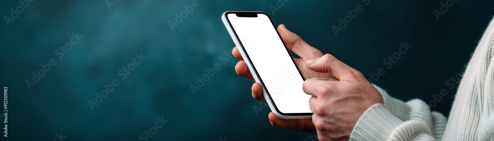 Modern Man Holding Smartphone with Blank Screen for Mock-Up Design, Copy Space Available Modern Man Holding Smartphone with Blank Screen for Mock-Up Design, Copy Space Available