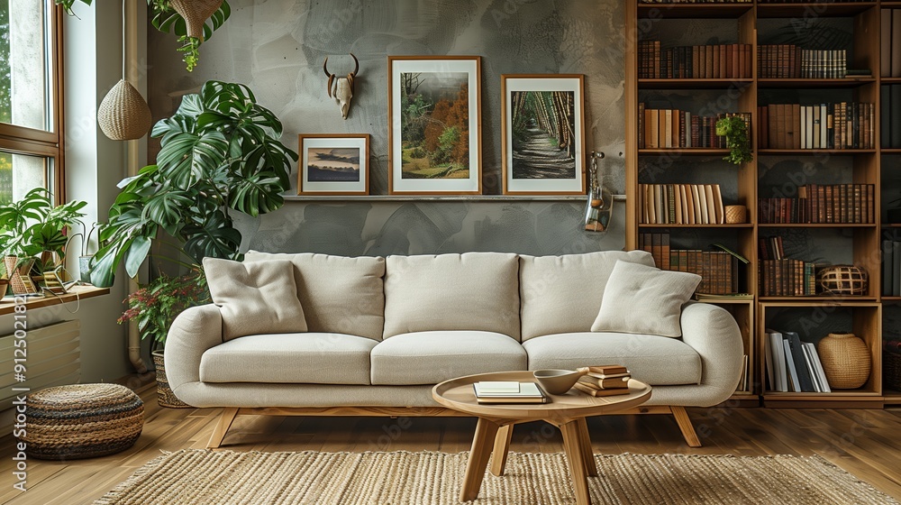 custom made wallpaper toronto digitalCozy Living Room Decor Featuring Modern Couch, Bookshelves, Plant Life, and Artwork in Natural Light