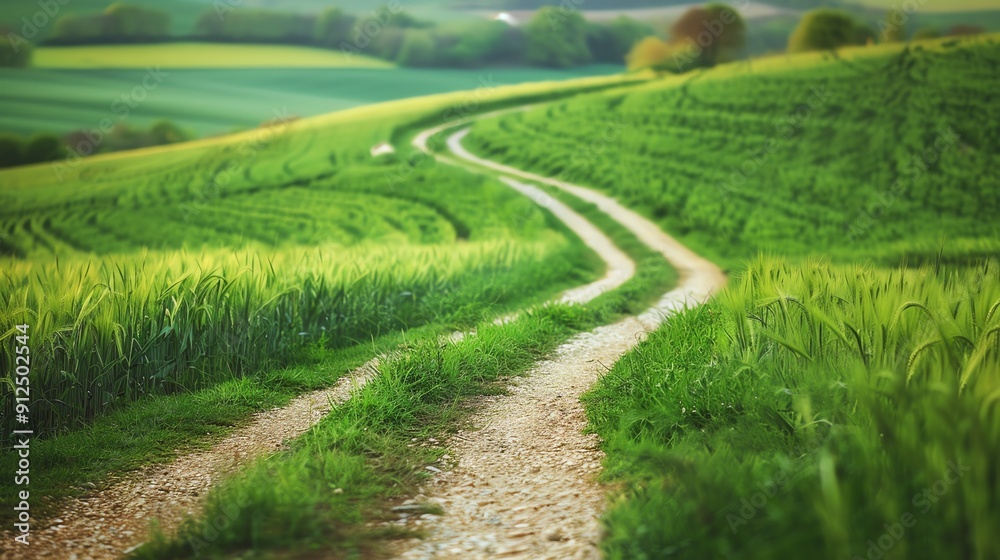 A scenic dirt path winding through vibrant green fields under a clear sky, inviting exploration and tranquility in nature. A scenic dirt path winding through vibrant green fields under a clear sky, inviting exploration and tranquility in nature.