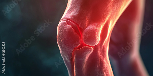 Close-up of a sprained knee with a reddish hue highlighting severe symptoms of gout, medical illustration