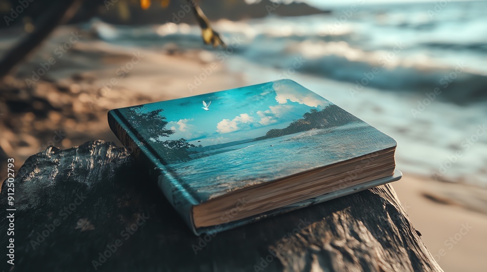 Fototapeta premium A serene beach scene illustrated on a book resting on a log, capturing the tranquility of nature and the joy of reading.